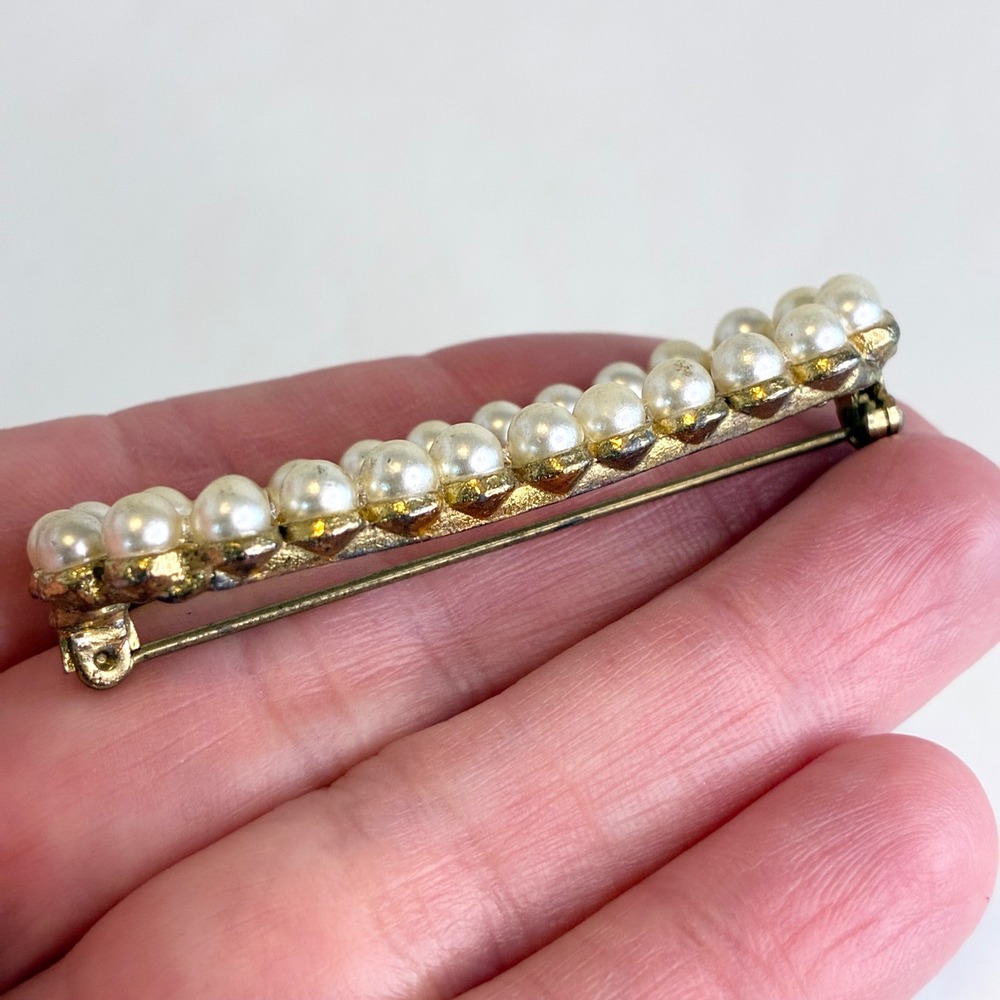 Vintage Faux Pearl Brooch Pin Set Gold Silver Tone Oval Rectangle 2pc Estate - Picture 9 of 13
